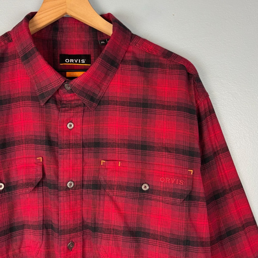 Orvis Creek Tech Flannel Button Shirt Mens XL Red Plaid Active Fit Long Sleeve